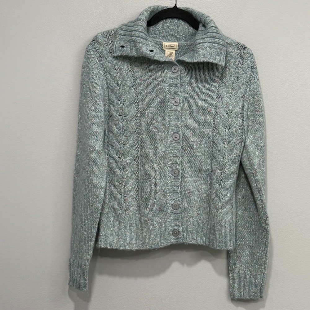 Vtg LL Bean Womens XS Blue Marl Cable Knit Cardigan Sweater Wool Blend